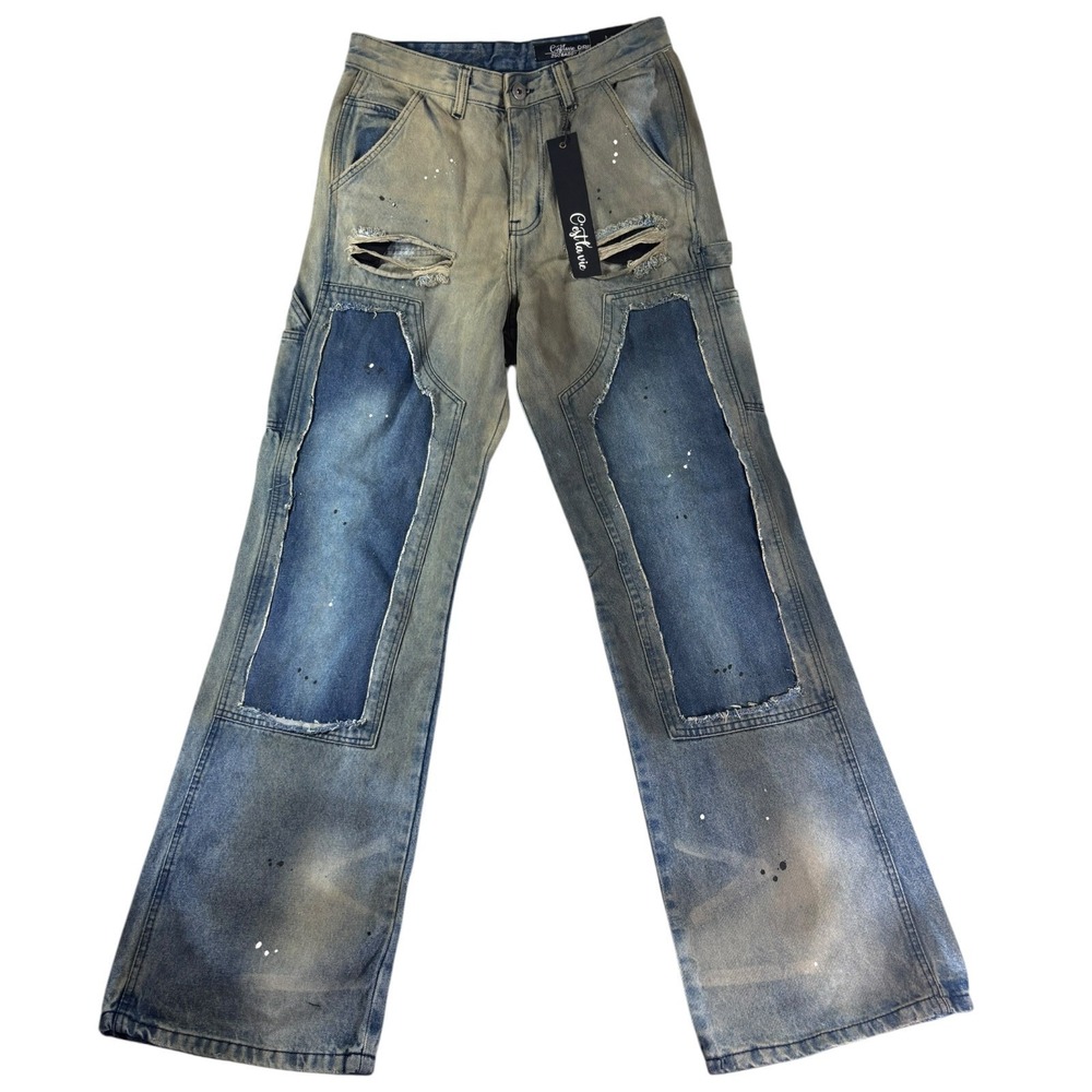 C'est La Vie Stacked Flare Carpenter Jeans Mens 30x34 Blue Denim Paint Splatter